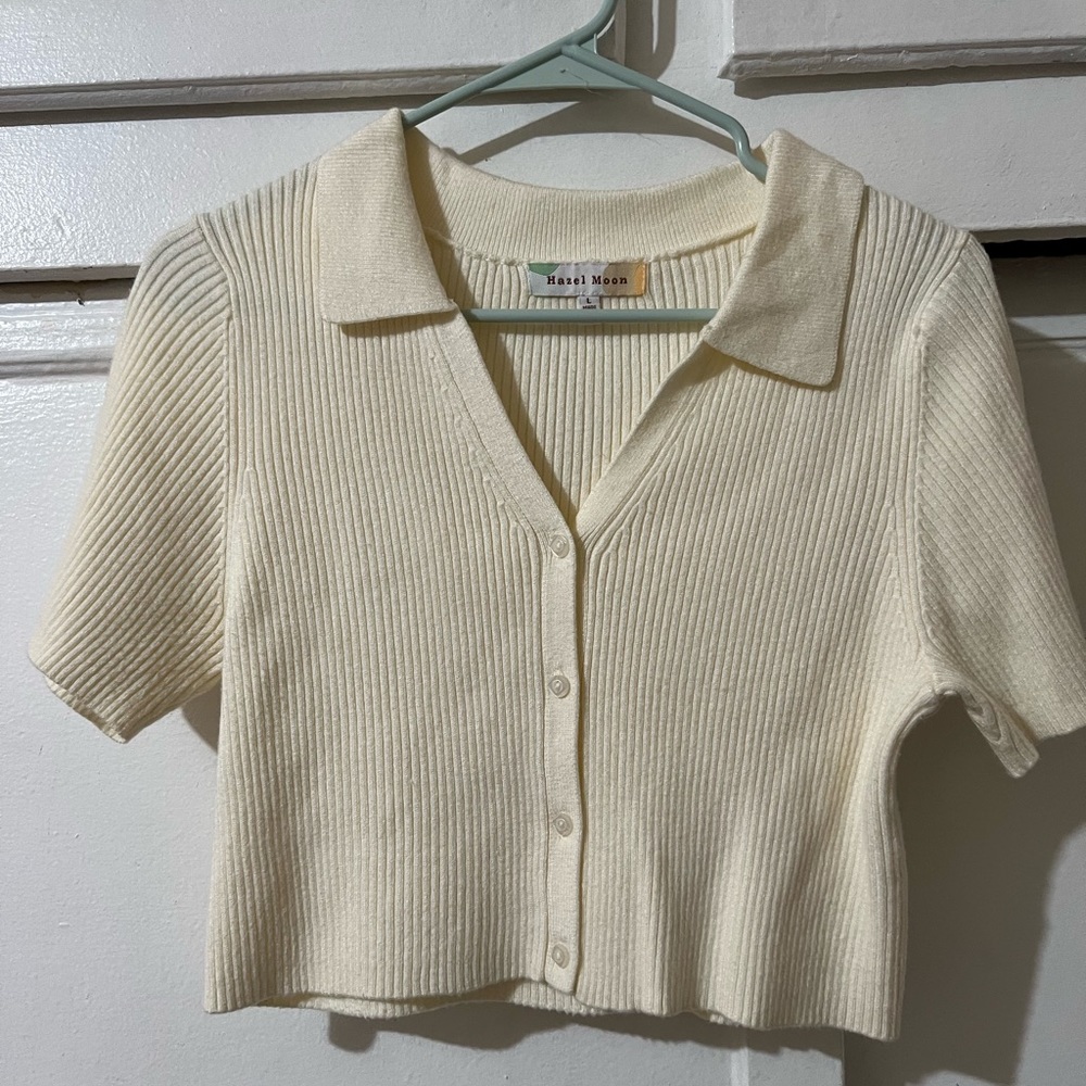 Cropped Rib knit button down shirt